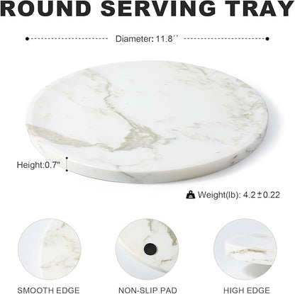 Marble Serving Tray, 11.8in Round Vanity Tray for Bathroom Countertop, Calacatta Candle Holder for Coffee Table/Kitchen, Stone Home Decorative Catchall Tray for Perfume