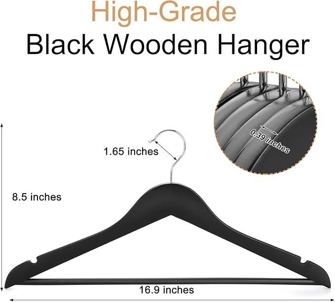 TOPIA HANGER Wooden Coat Hangers 30 Pack, Black Wood Suit Hangers, 360° Swivel Hook and Non-Slip Shoulder Notches for Camisole, Jacket, Pant, Shirt, Smooth Finished Clothes Hangers -CT54B30