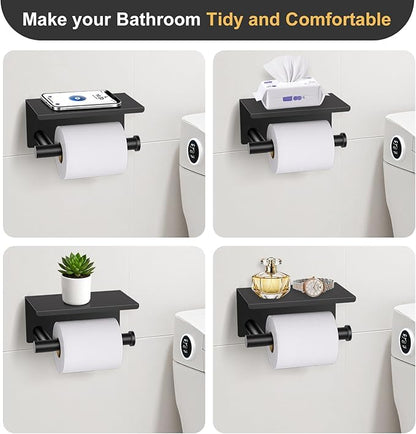 Black and Gold Bathroom Hardware Set, 5 Pieces Towel Bar Bathroom Accessories, Upgraded Toilet Paper Holder with Shelf Set, 23.6 Inch Towel Rack Towel Holder for Bathroom Wall