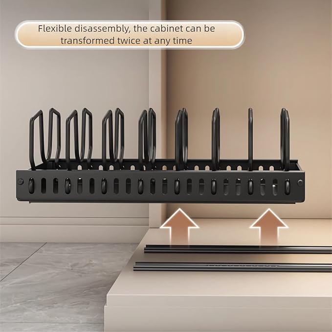 Mnftive pots and pans organizer under cabinet,pot lid organizers inside cabinet holders for kitchen,Horizontal and vertical pulling modes,cast iron storage (Black Vertical pull-out)