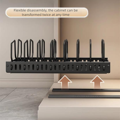 Mnftive pots and pans organizer under cabinet,pot lid organizers inside cabinet holders for kitchen,Horizontal and vertical pulling modes,cast iron storage (Black Vertical pull-out)