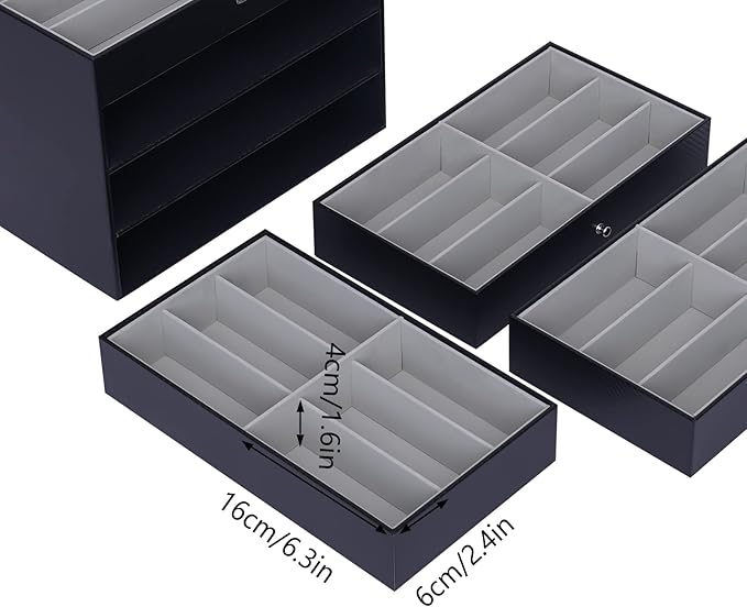DouSeiAi 4 Layer Sunglasses Organizer, 24 grids of Glasses Sunglasses Storage Box, lockable Eyewear Display Case with Drawer (Black)