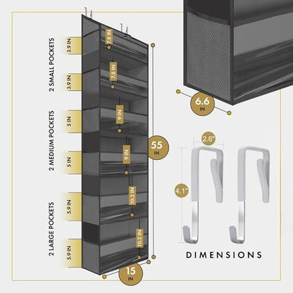HOMELUX THEORY UPGRADED 6 Tiers Over The Door Organizer Hanging - 100D EXTRA THICK & 50lbs HUGE CAPACITY, 12 Side Mesh Pockets Over The Door Shoe Organizer, Hanging Closet Organizer (Dark Gray, 1pc)