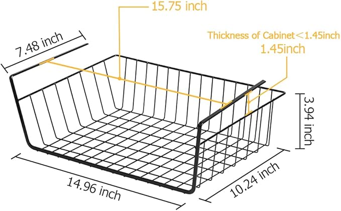 4 Pack Under Shelf Basket, Under Cabinet Organizer Shelf, Durable Metal Wire Rack Hanging Basket Storage Rack, Shelf Organizing for Kitchen/Pantry/Bathroom/Desk-Slide Arms Height:1.45in(Black)