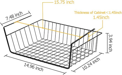 4 Pack Under Shelf Basket, Under Cabinet Organizer Shelf, Durable Metal Wire Rack Hanging Basket Storage Rack, Shelf Organizing for Kitchen/Pantry/Bathroom/Desk-Slide Arms Height:1.45in(Black)