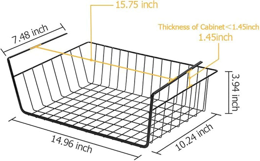 4 Pack Under Shelf Basket, Under Cabinet Organizer Shelf, Durable Metal Wire Rack Hanging Basket Storage Rack, Shelf Organizing for Kitchen/Pantry/Bathroom/Desk-Slide Arms Height:1.45in(Black)