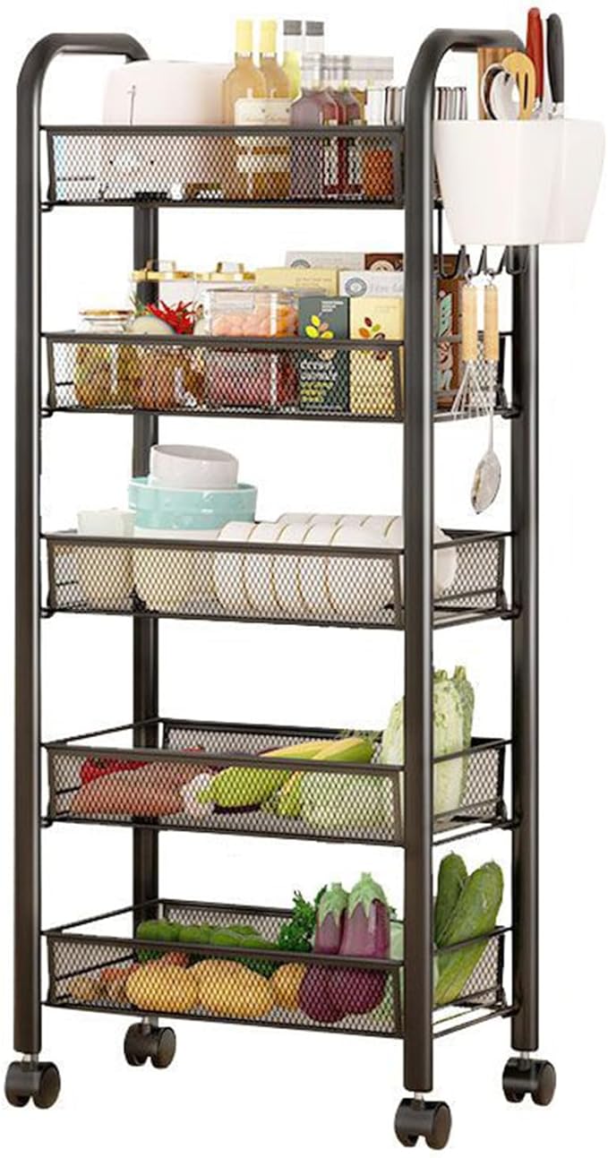 Fruit Vegetable Storage Basket,5 Tier Kitchen Storage Cart with 360 Degree Wheels, Fruit Vegetable Produce Basket Storage Organizer Stackable Metal Mesh Storage Basket for Kitchen, Pantry,