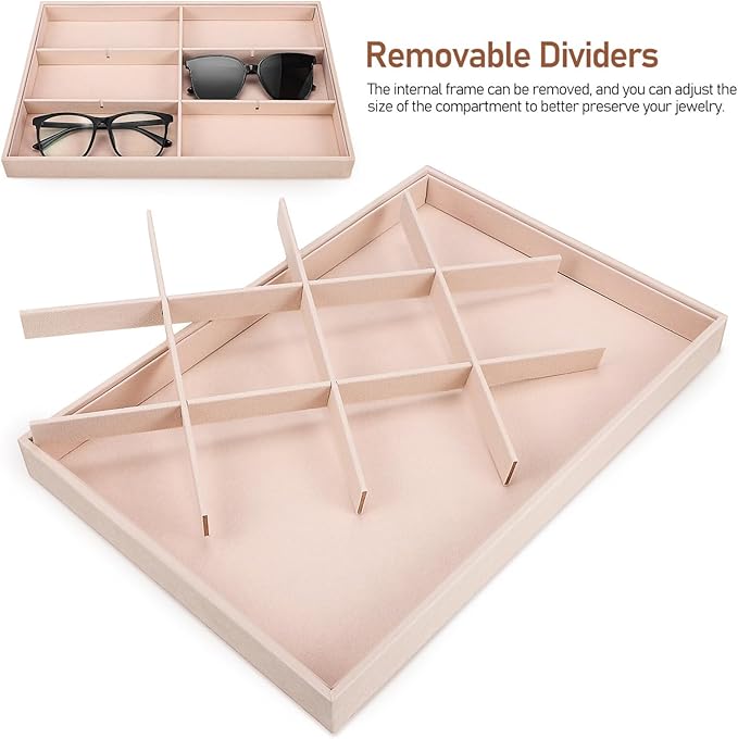 Zerodeko 2 Pcs Velvet Jewelry Organizer Tray with Adjustable Compartments Stackable 12-Grid Jewelry Display Insert for Drawer Storage and Home Decor