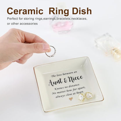 HOME SMILE Aunt Gifts from Niece, Aunt and Niece Gifts, Ring Dish Jewelry Tray for Aunts Birthday, Mothers Day, Valentine’s Day, Thanksgiving, Xmas-The Love Between Anut & Niece Knows No Dsitance