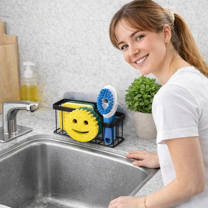 Smiley Sponge Holder for Kitchen Sink – Suction Cup Sink Caddy Organizer – No Drill Kitchen Sink Organizer for Sponge, Soap & Scrubber – Rustproof Metal Sink Sponge Holder – Includes Face Sponge.