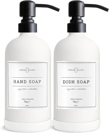Vine Creations White Glass Soap Dispenser, 2 Pack Kitchen Soap Dispenser Set with Stainless Steel Pump, 16 oz Dish Soap and Hand Soap Dispensers for Bathroom with Waterproof Labels