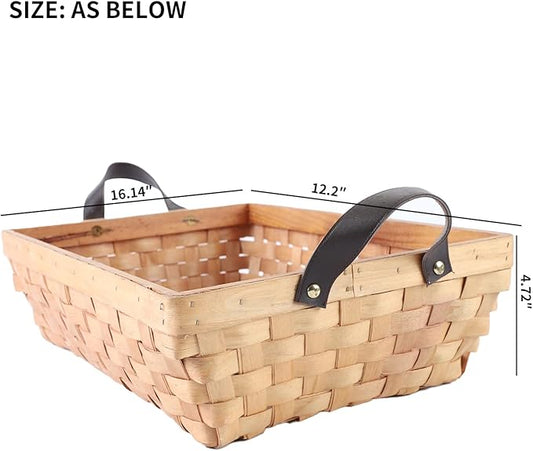 Rectangular Wooden Basket, Natural Hand Woven Storage Basket with Leather Handles for Sundries Toys Fruits