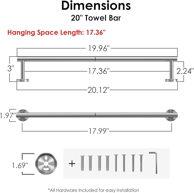 FORIOUS Towel Bar Wall Mounted, Stainless Steel Towel Racks for Bathroom 18 Inch, Includes Wall Mounting Hardware (Brushed Nickel, Total Length 20 Inch)