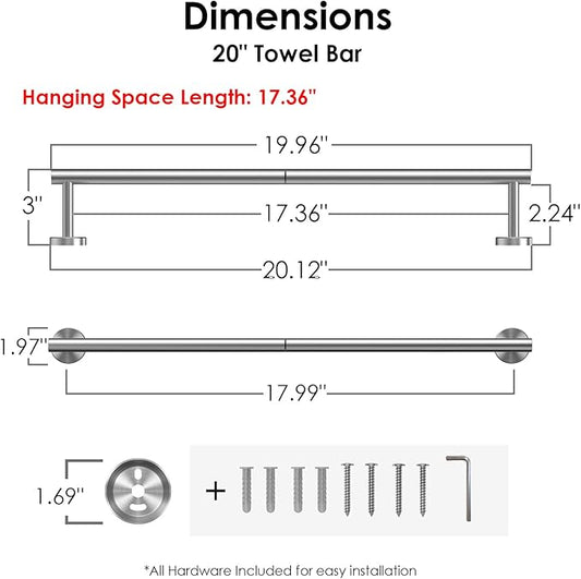 FORIOUS Towel Bar Wall Mounted, Stainless Steel Towel Racks for Bathroom 18 Inch, Includes Wall Mounting Hardware (Brushed Nickel, Total Length 20 Inch)