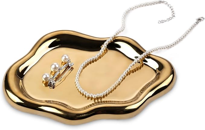VanEnjoy Ceramic Cute Jewelry Dish, Aesthetic Jewelry Tray Gold finished, Small Trinket Dish, Ring Bowl for Jewelry, Thanksgiving Friend Gift