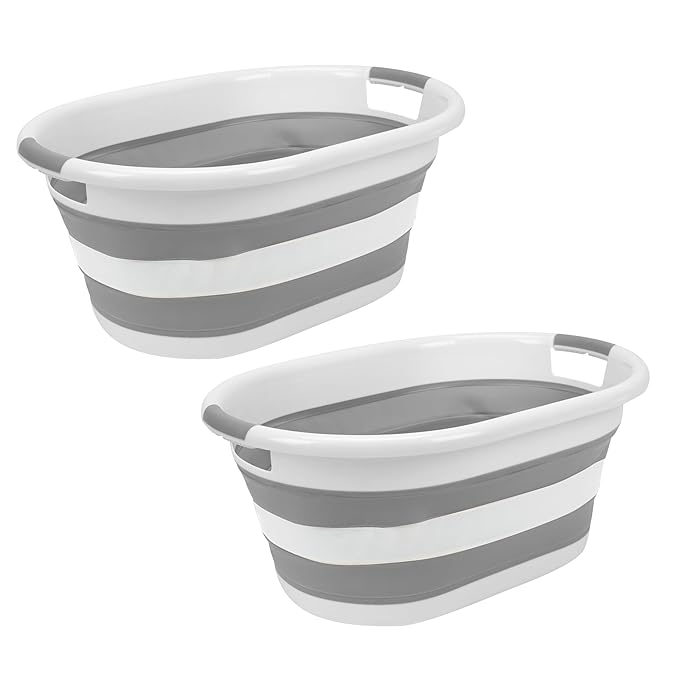 2pk Collapsible Laundry Basket | Portable | Space Saver Storage | Hold 2 Loads | Store Under the Bed or Closet | Good for Kids | Dorm | Bedroom | Large | White/Grey