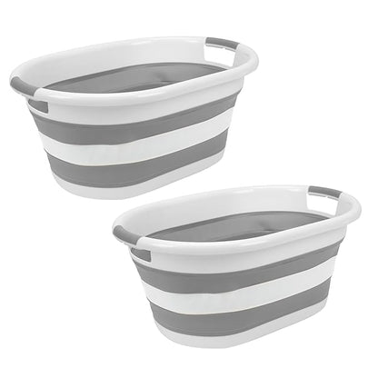 2pk Collapsible Laundry Basket | Portable | Space Saver Storage | Hold 2 Loads | Store Under the Bed or Closet | Good for Kids | Dorm | Bedroom | Large | White/Grey