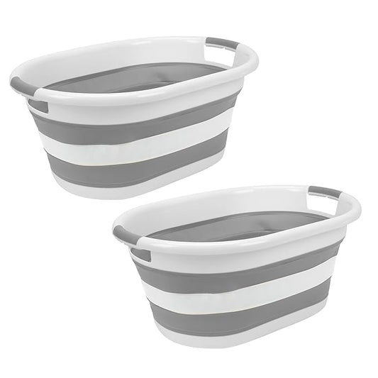 2pk Collapsible Laundry Basket | Portable | Space Saver Storage | Hold 2 Loads | Store Under the Bed or Closet | Good for Kids | Dorm | Bedroom | Large | White/Grey