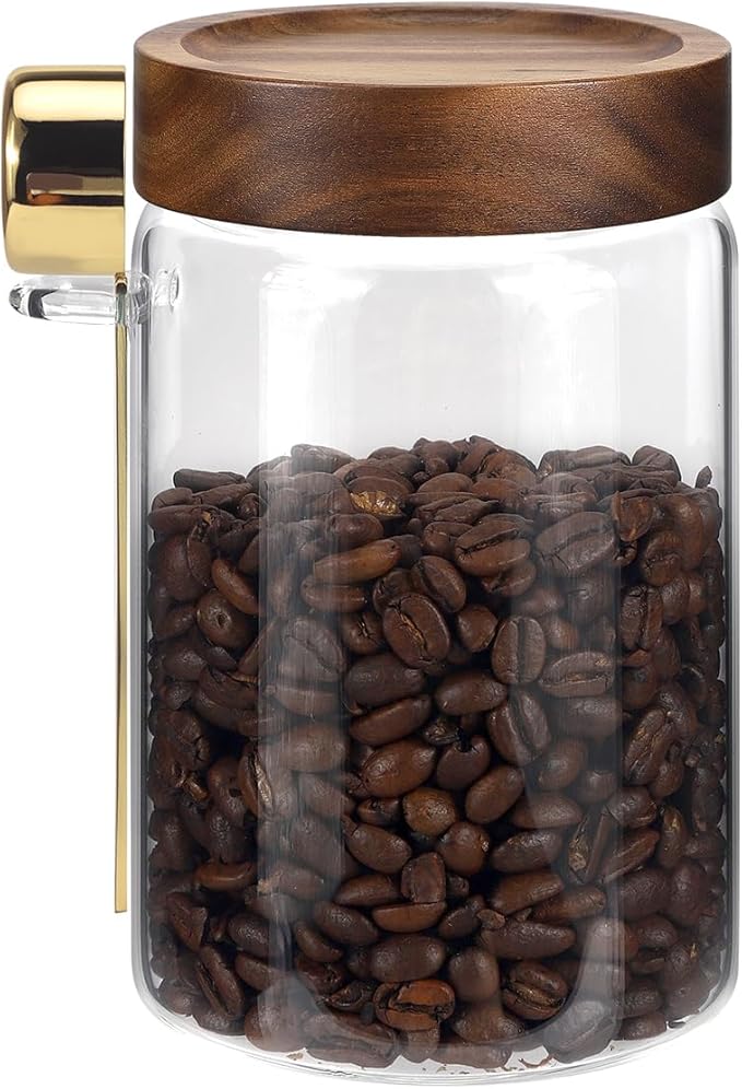 Glass Jars with Airtight Lid Scoop30oz, Glass Coffee Ground Jar Container Round Clear Glass Storage Canister for Bean Spice Pantry Sugar Tea Seasoning Cookies Candy Chocolate (900ml(30oz)-1 Pack-B)