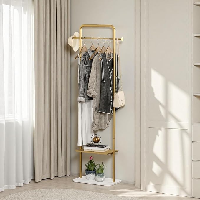 Gold Clothing Rack, Freestanding Coat Rack with Metal Shelves and Natural Marble Base, Small Clothes Stand Organizer for Bedroom, Entryway, Apartment (Gold, 19.7")