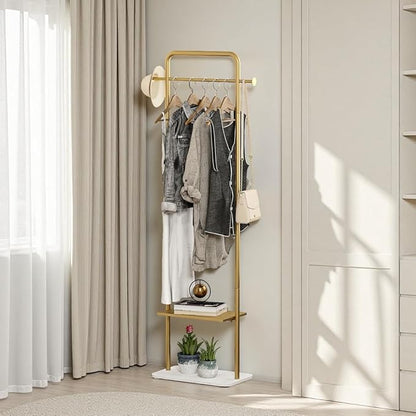 Gold Clothing Rack, Freestanding Coat Rack with Metal Shelves and Natural Marble Base, Small Clothes Stand Organizer for Bedroom, Entryway, Apartment (Gold, 19.7")