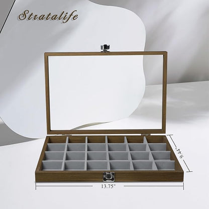 Stratalife Jewelry Organizer Vintage Jewelry Display Case Earring Box Wood Ring Storage with Lid Earrings Holder for Women Drawers 24 Grid