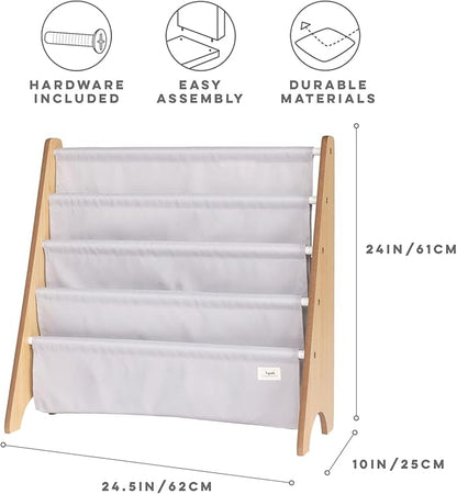 3 Sprouts Recycled Fabric Kids Bookshelf – 4-Tier Sling Book Rack Organizer - Nursery Room Playroom Classroom Wooden Book Shelves - Kid Bookcase Wood Storage Shelf for Toddler Age 3+ - Gray