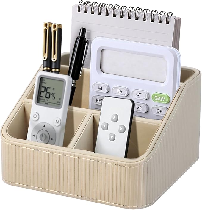 ACUDUDOMA PU Leather Remote Control Organizer Holder, 4-Compartment Small Desk Organizer, All-in-One Desk & Nightstand Caddy for Remotes, Phones, Glasses & Office Accessories