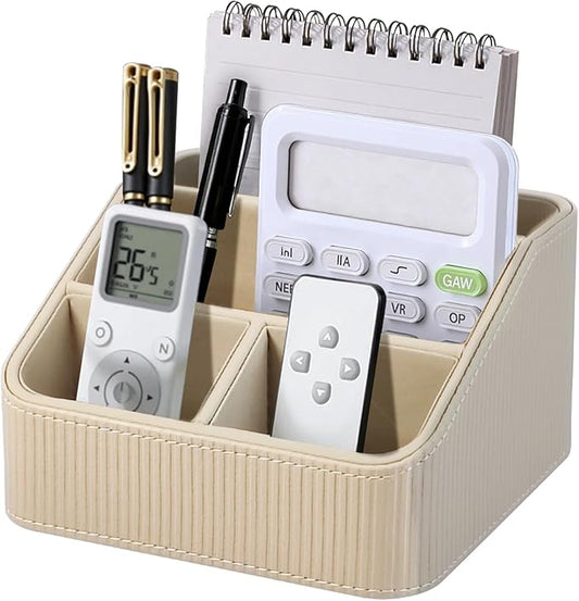ACUDUDOMA PU Leather Remote Control Organizer Holder, 4-Compartment Small Desk Organizer, All-in-One Desk & Nightstand Caddy for Remotes, Phones, Glasses & Office Accessories