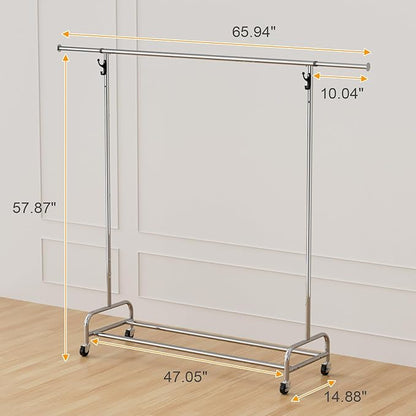 Standard Clothing Garment Rack with Wheels, 47.05" to 65.94" Adjustable Chrome Clothes Rack for Hanging Clothes, Portable Rolling Clothing Rack with Lockable Casters for Bedroom, Laundry Room