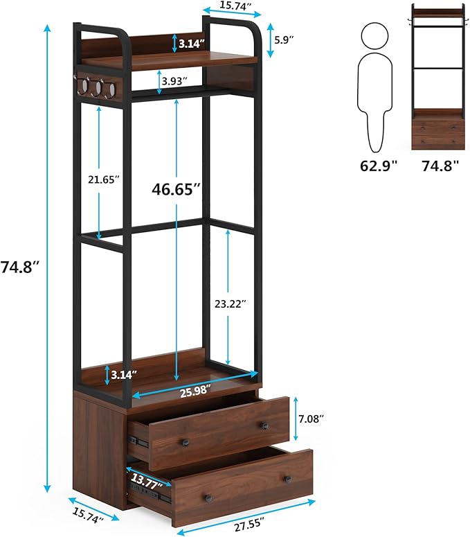 LITTLE TREE 75 inch Tall Freestanding Closet Organizer Small Clothes Rack Coat Rack with Drawers and Shelves, Heavy Duty Small Garment Rack Industrial Hall Tree for Hallway Entryway Bedroom