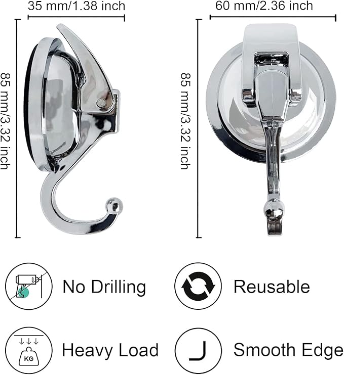 YSSILADI Suction Cup Hooks - Heavy Duty Glass, Reusable, No Hole Punched, for Bathroom Robe & Garland (Silver, 4 Pack)