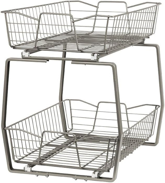 ClosetMaid 14 in. Pull Out Cabinet Organizer, 2 Tier, Heavy Duty, Slide Out Pantry Shelves Drawers for Kitchen, Bathroom, Nickel