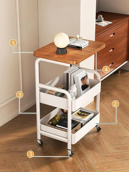 3Tier Rolling Cart - Metal Utility Cart with Wheels, Heavy Duty Mesh Rolling Storage Cart Organizer for Kitchen Office Bedroom Living Room Table (White)