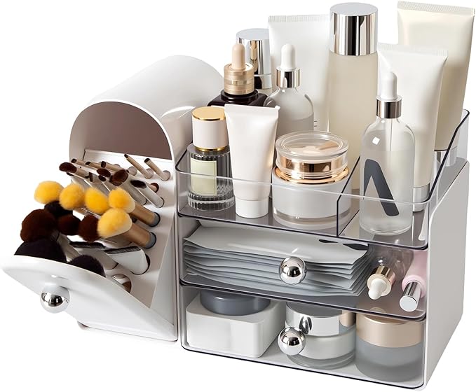 Makeup Organizer with Brush Holder for Vanity, Large Cosmetic Display Cases with 2 Drawers, Skincare Organizer for Bathroom Countertop, White