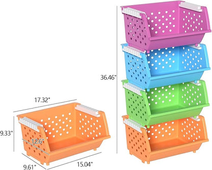 4-Pack Colorful Plastic Stackable Storage Basket, Stacking Organizer Baskets