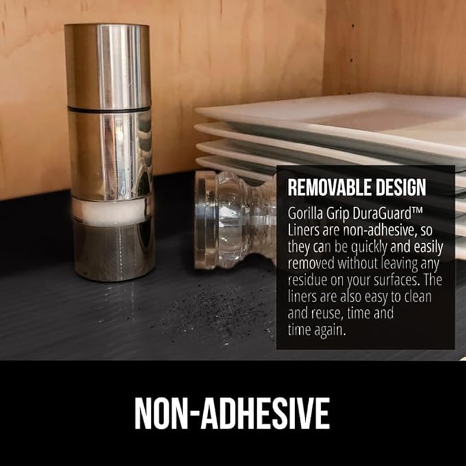 GORILLA GRIP DuraGuard Shelf Liner, Non-Adhesive Cabinet Liners for Kitchen Drawers, Shelves, Refrigerator, Pantry Storage, Bathroom Closet, Durable Waterproof BPA Free Ribbed Plastic, 20x10 Jet Black