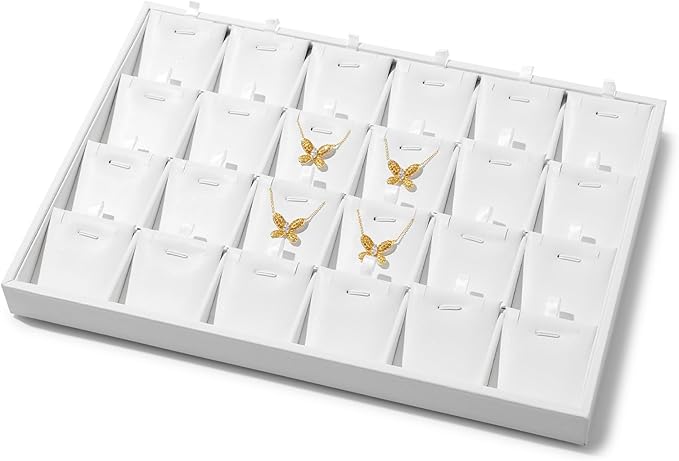 24 Grids White Leather Necklace Tray Jewelry Display Organizer Tray Drawers With Removable Jewellery Cards Necklace Bracelet Pendant Holder