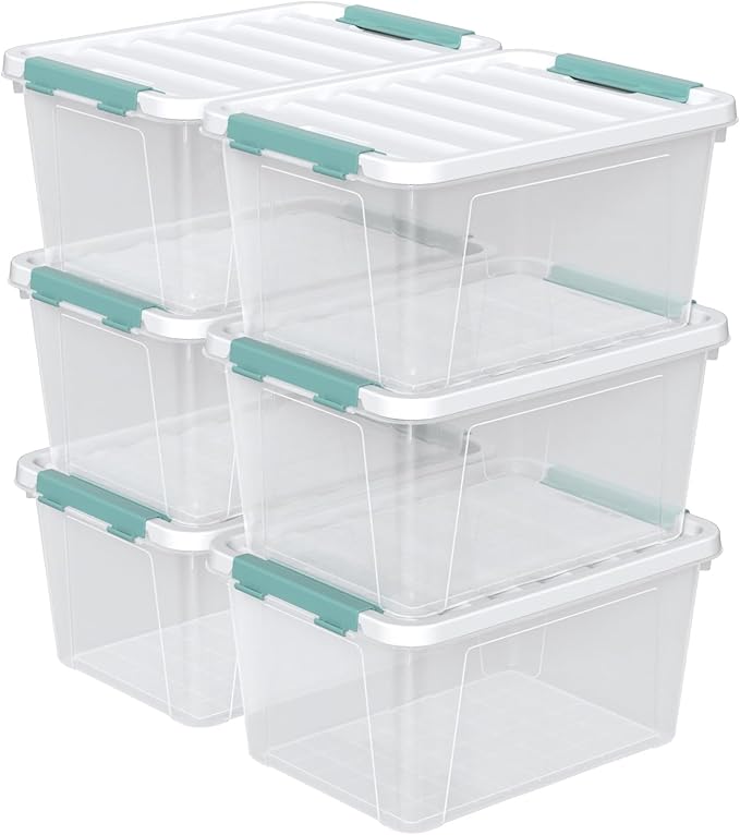 Guankan 20 Quart Clear Storage Box, Set of 6 Plastic Latching Bins with Lids