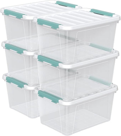 Guankan 20 Quart Clear Storage Box, Set of 6 Plastic Latching Bins with Lids