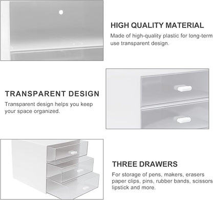 Desk Organizer with Drawer, Desk Storage Box, Plastic Office Stationery Supplies Organizers, Desktop Organizer for Office School Home (3 drawer, White)