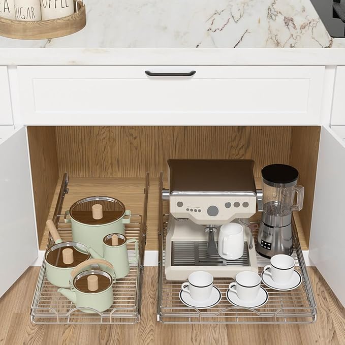 OCG Pull Out Cabinet Organizer (17.75" W x 17" D), Pull Out Drawers, Cabinet Pull Out Shelves for Base Cabinet Organization in Kitchen Bathroom Pantry, Bottom Mount, Chrome Finish