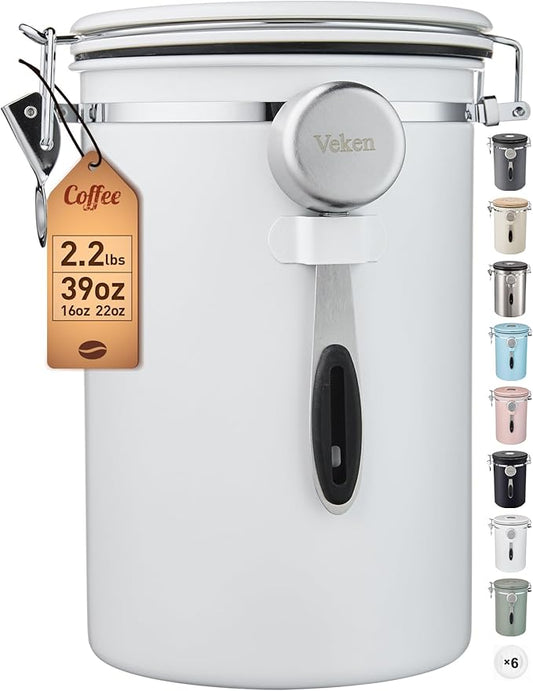 Veken Coffee Canister, 39OZ Large, Airtight Stainless Steel Food Storage Container for 2.2lbs Coffee Beans, Ground, Sugar, Tea, Flour, Cereal, Kitchen Bar Accessories with Date Tracker & Scoop, White