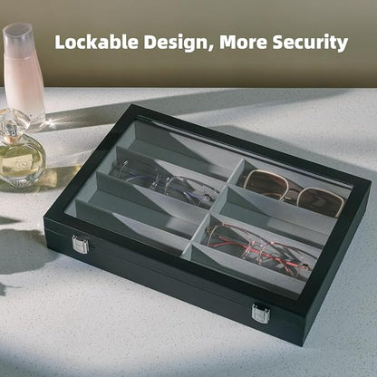XHMQYC Glasses Holder Box Drawer Sunglass Organizer for Men Clear Wide Storage Case 8 Slots Multiple Reading Glasses Display, Black Leather With Clear Glass Lid