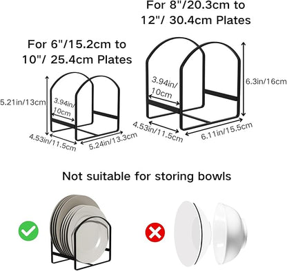 LINFIDITE 2 Pack Kitchen Plate Holder Organizer for Cabinet Space Saver Dinner Plate Storage Rack Upright Dish Drying Racks Metal Dish Stand for Cupboard Countertop Rustproof Black (1 Large 1 Small)