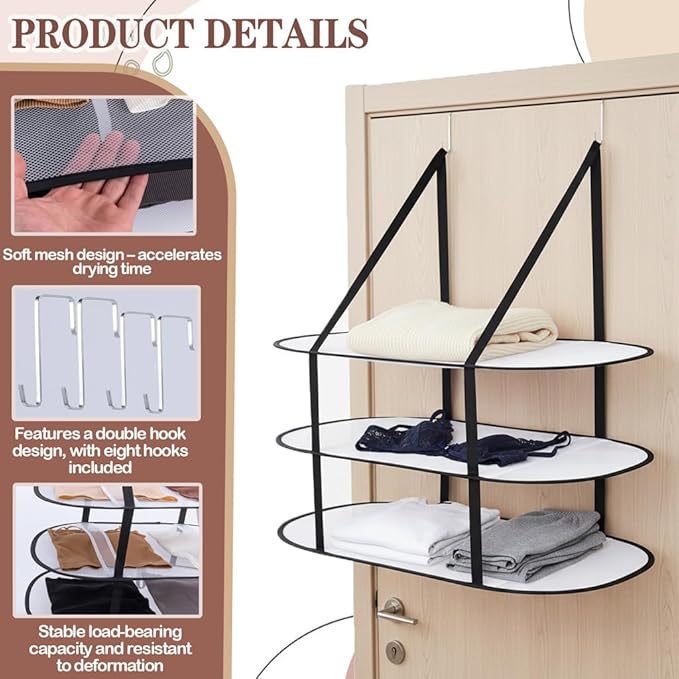 CINPIUK 2 Pcs 3-Tier Sweater Drying Rack Over The Door, Foldable Mesh Hanging Dryer Flat with Hooks, Large Breathable Laundry Drying Hanger, Clothes Lay Flat Dryer for Apartments Dorms Bathrooms