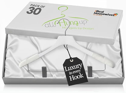 All Hung Up Hangers - Wooden Hangers with Clips for Women, Solid Wood Skirt & Suit Hangers, Heavy-Duty Adjustable Non-Slip Design with Velvet Grip, White with White Velvet, 30 pcs