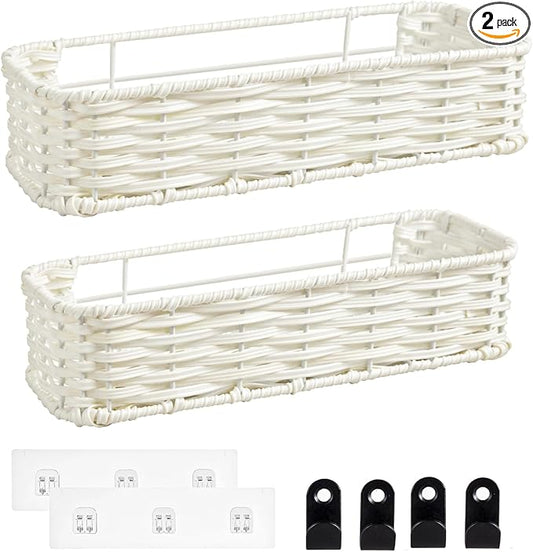Hanging Wall Basket, Adhesive Wall-Mounted Organizer for Storage, Plastic Wicker Woven Storage Shelves for Kitchen, Bedroom, Bathroom, Livingroom, 2-Pack, Off White Color
