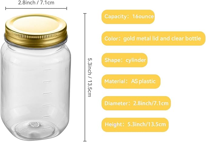 novelinks 16 oz Clear Plastic Jars with Lids, Refillable 16oz Mason Jars with Lids & Storage Containers for Kitchen & Household Use (24 Pack,Gold)