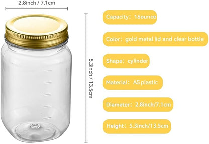 novelinks 16 oz Clear Plastic Jars with Lids, Refillable 16oz Mason Jars with Lids & Storage Containers for Kitchen & Household Use (24 Pack,Gold)